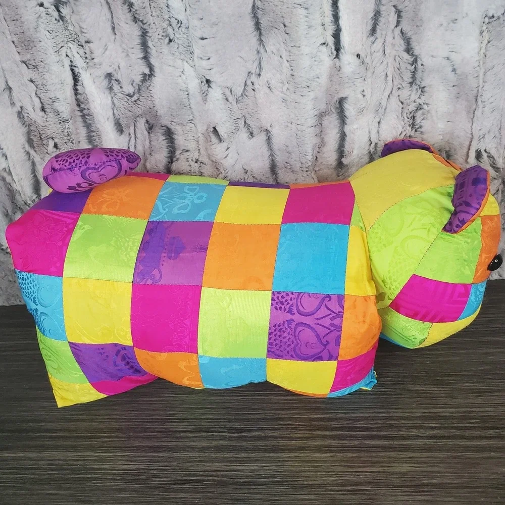 Quilted Asian Nylon Brocade Cat Pillow With Plush Kitty Head‎ PATCHWORK BRIGHT